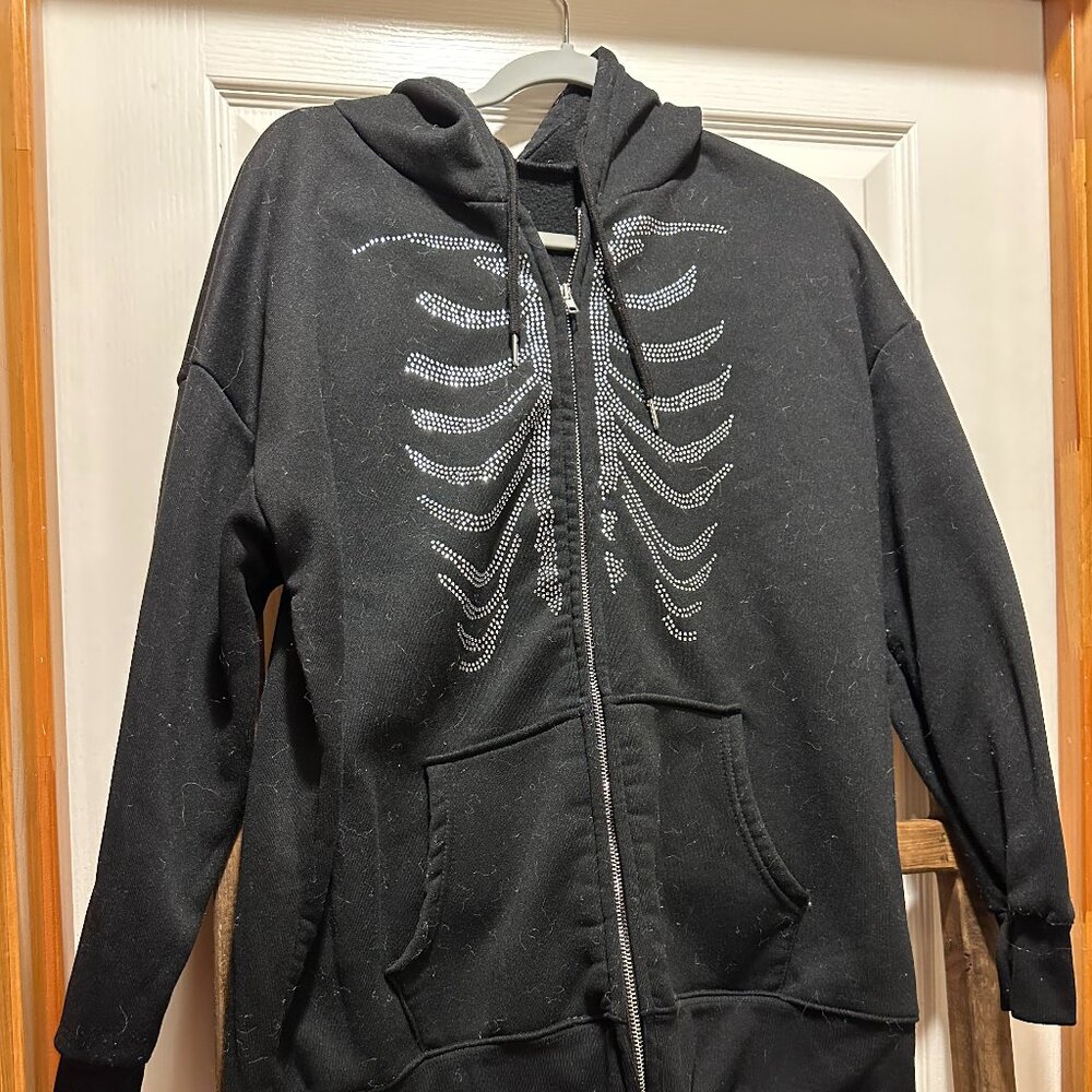 Rhinestone Black Zip-Up Skeleton Hoodie